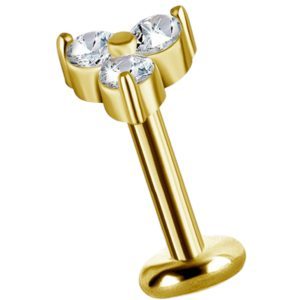 Labret titanio dorado con oro 18k diseño trinity con diamantes 4mm para helix piercing elegante chile
