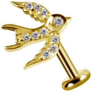 Labret titanio dorado con oro 18k diseño golondrina con circones para helix piercing elegante chile