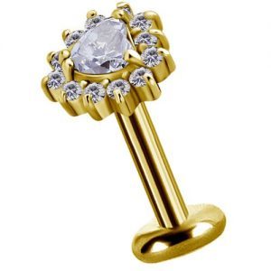 Labret titanio dorado con oro 18k diseño corazon con circones para helix piercing elegante chile