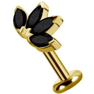 Labret titanio dorado con oro 18k diseño marquise con circones negros para helix piercing elegante chile