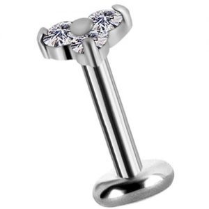 Labret titanio con oro blanco 18k diseño trinity con circones 2.5mm para helix piercing elegante chil